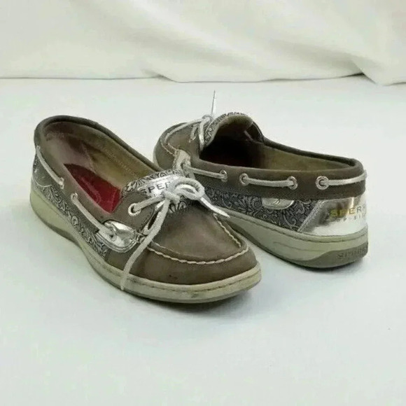 Sperry 6.5M Women's One Eye Brown Silver Paisley Pattern Non Marking Boat Shoes - Picture 6 of 12